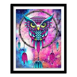 Blue and pink owl on a dream catcher diamond art kit