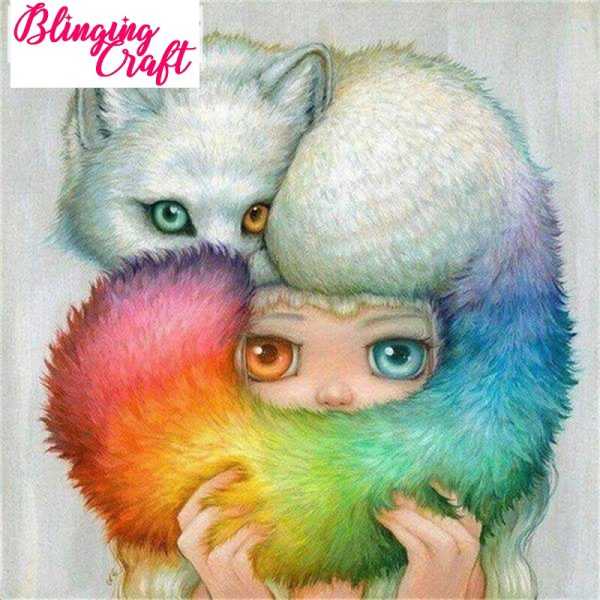 Cute girl with a colourful fox on her head diamond painting kit