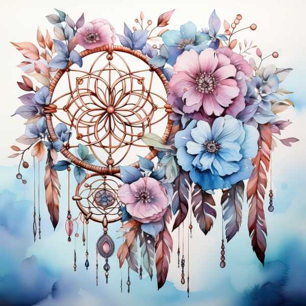 Dreamcatcher with Blue and Pink Flowers diamond painting in square and round