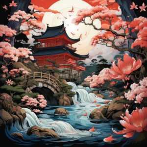 Traditional Japanese Landscape near a river with cherry blossom trees diamond painting